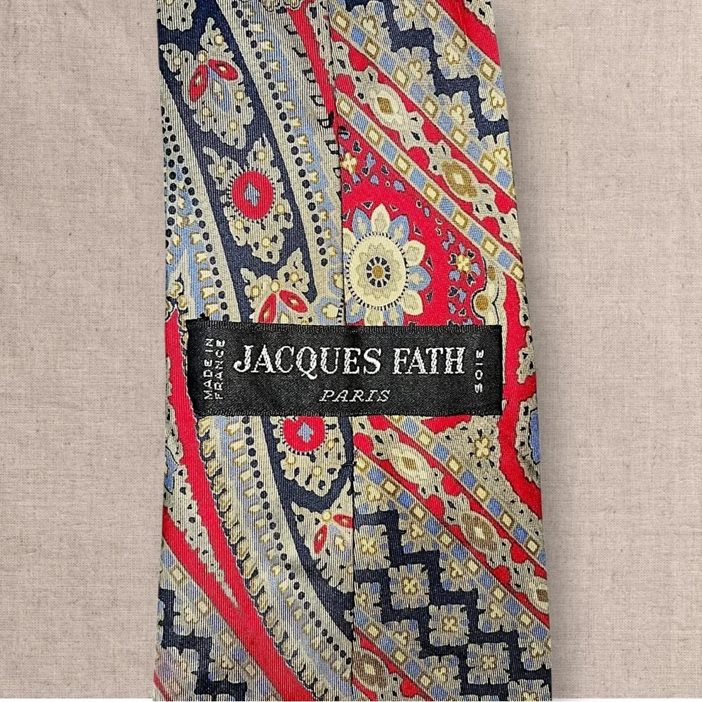 Jacques Fath Silk Paisley Tie Mens Red Blue Classic Pattern Designer